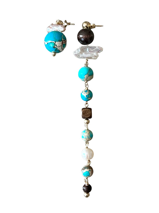 African Turquoise, Pearl, and Ebony Wood Asymmetrical Earrings