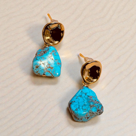 Tidal Turquoise Nugget Drop Earrings-Gold